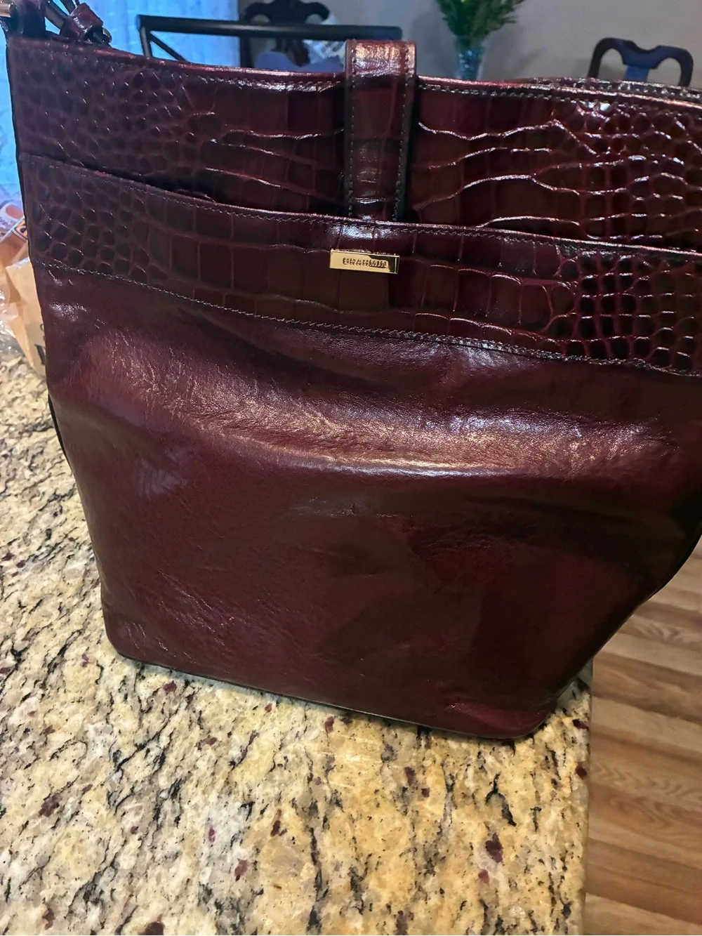 Brahmin Deep Burgundy Croc-Trim Shoulder Tote